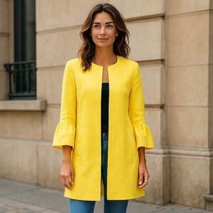 Luii for Anthropologie Lemon Yellow Ruffled Sleeve Lined Long Jacket Size S NWOT
